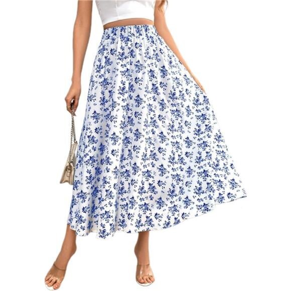 Women's Flowy Elastic High Waist Skirts White x Blue - Picture 1 of 4